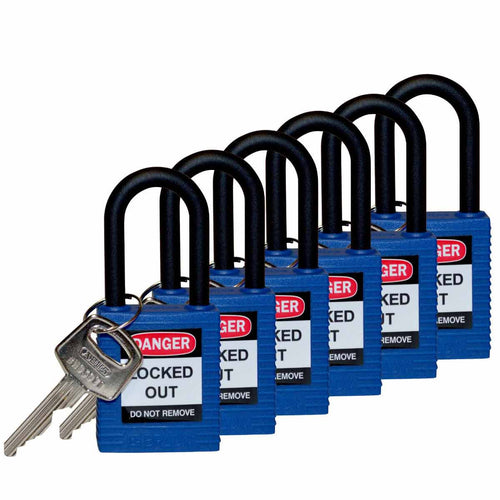 123352 | Candado de seguridad, Cuerpo plastico, Grillete Nylon, 1.5 Pulg. , Color Azul, (Paq. 6 Unds)