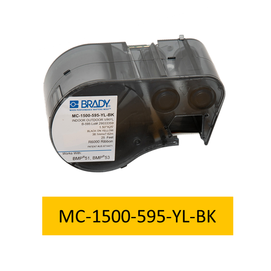 MC-1500-595-YL-BK | Cartucho de cinta continua, Vinil,1.5 pulg. x 25 pies de largo