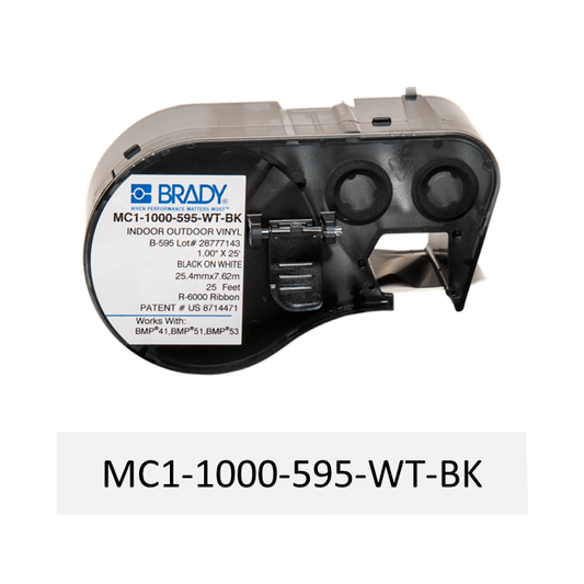 MC1-1000-595-WT-BK | Cartucho de cinta continua, Vinil, 1 pulg. x 25 pies de largo